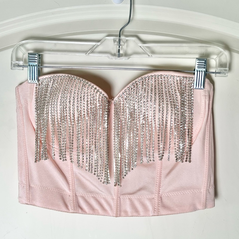 Satin Pink with Rhinestone Fringe corset / bustier by Papaya Small